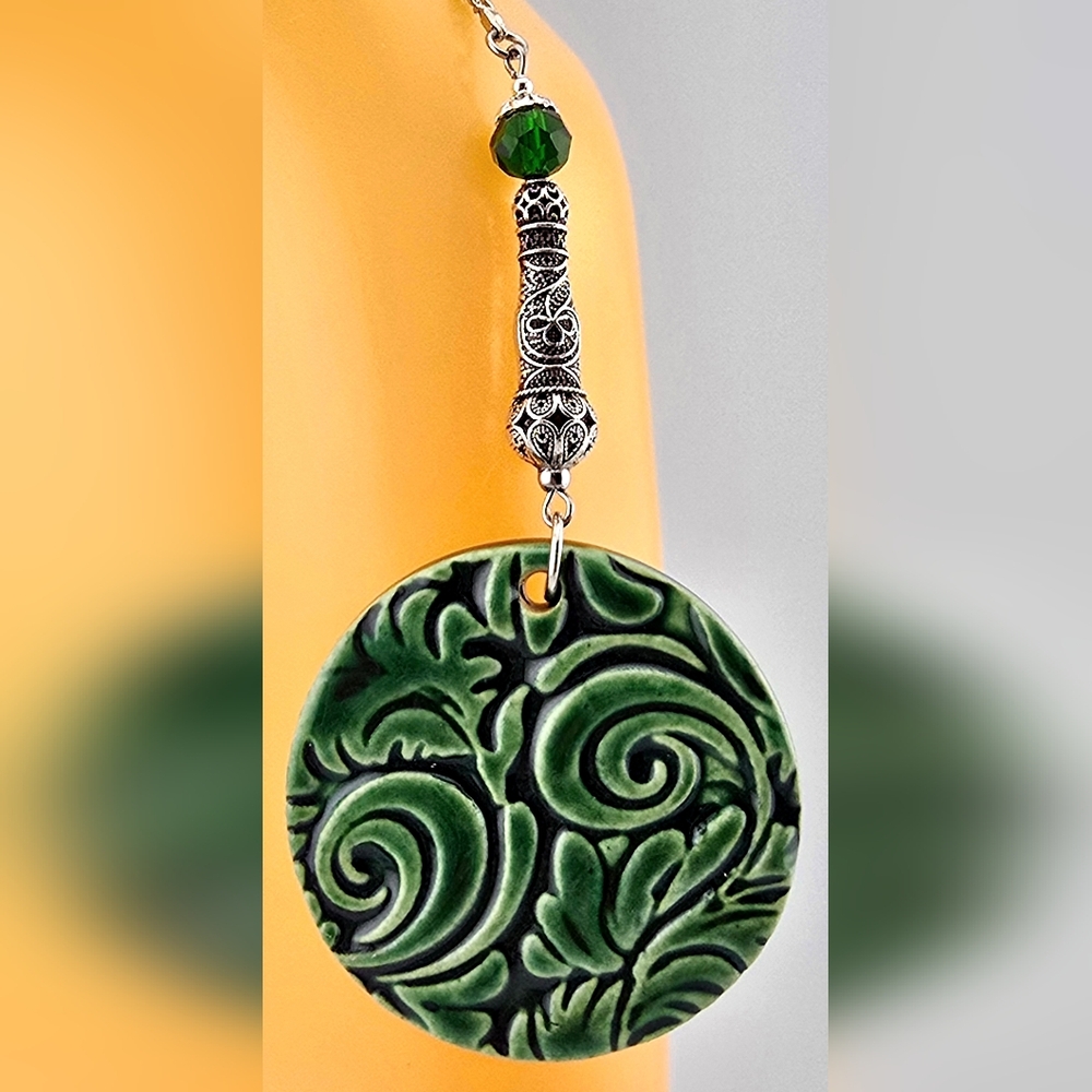 Handmade Kiln Fired Green Ceramic Beaded Christmas Ornament with Silver Chain - Picture 4 of 5